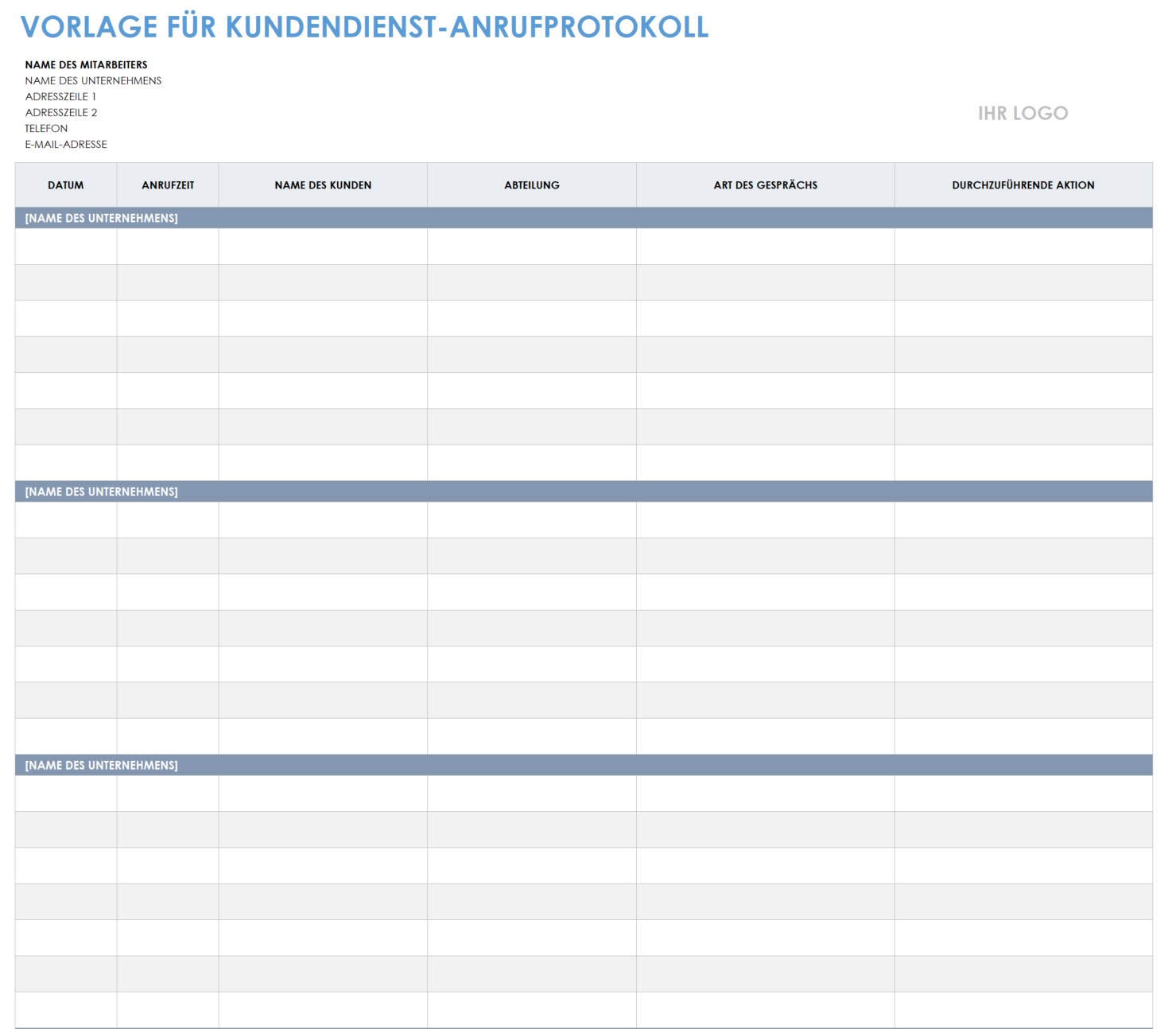  Vorlage für das Anrufprotokoll des Kundendienstes
