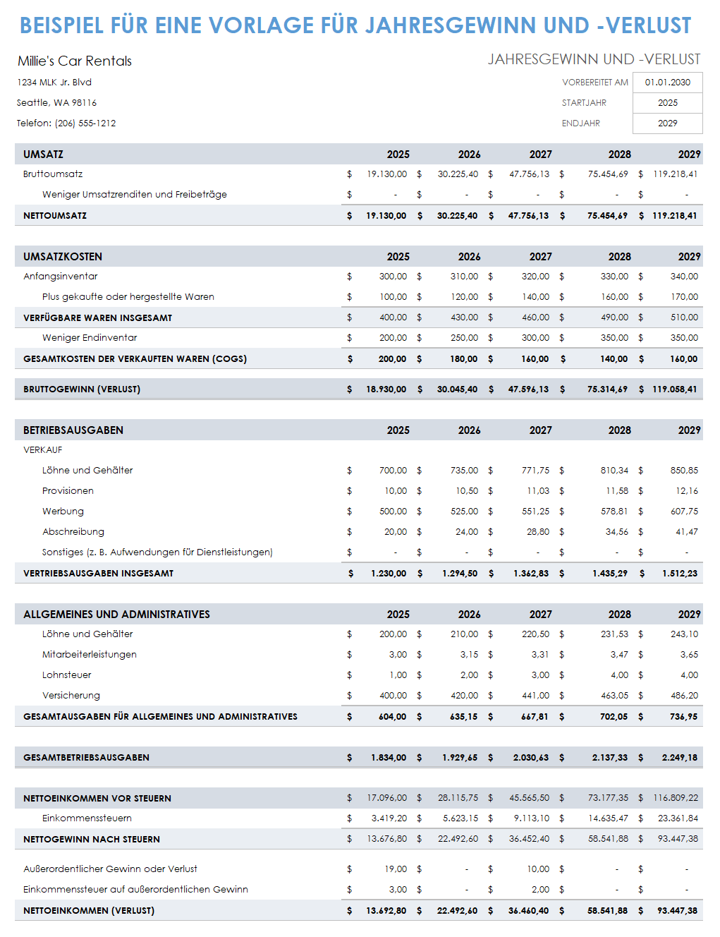 Mustervorlage für Jahresgewinne und -verluste