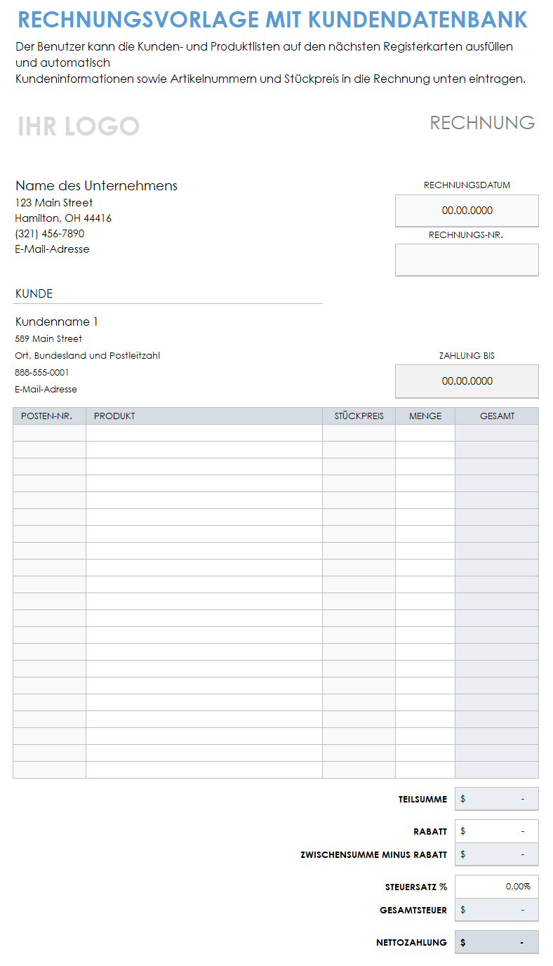 Rechnungsvorlage mit Kundendatenbankvorlage