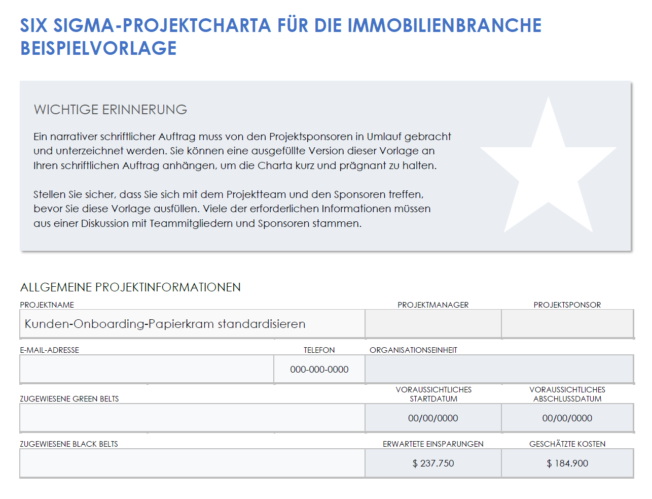 Beispielvorlage für eine Immobilien-Six-Sigma-Projektcharta