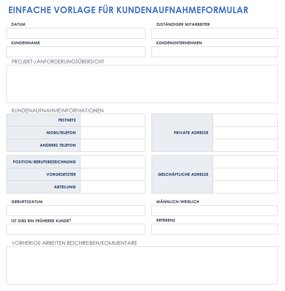 Vorlage für ein einfaches Kundenaufnahmeformular