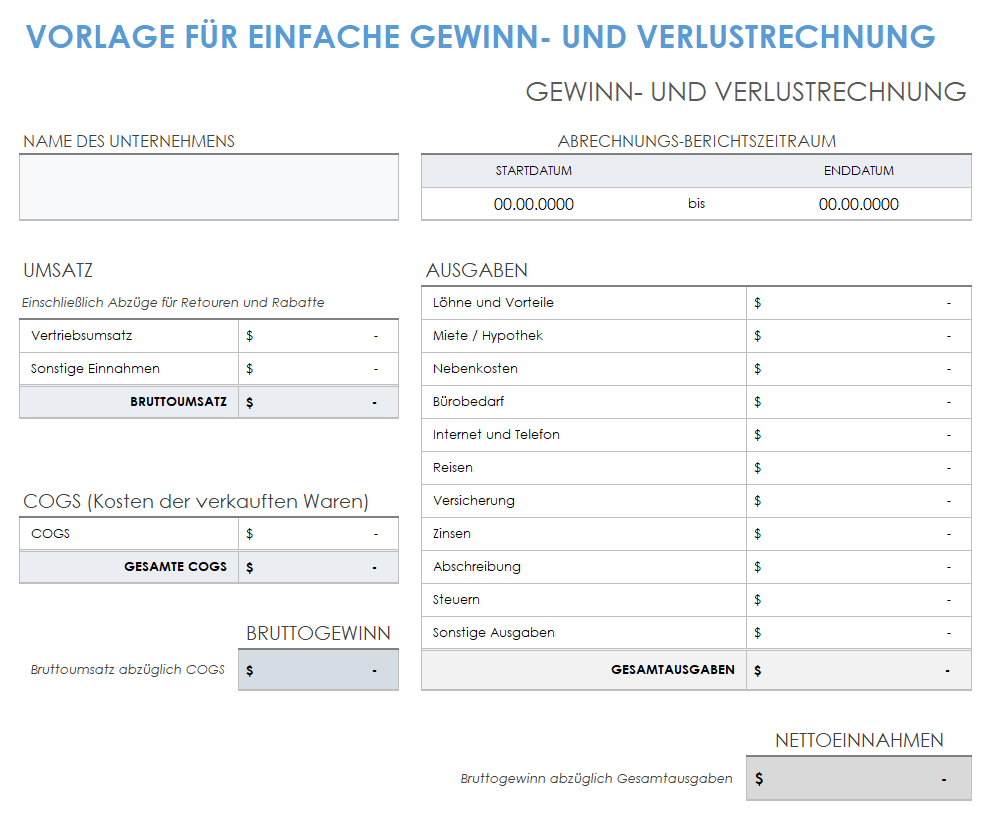 Vorlage für eine einfache Gewinn- und Verlustrechnung