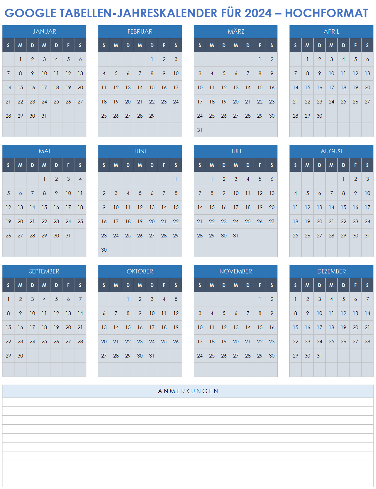  Vorlage für den Google Sheets-Jahreskalender im Hochformat 2024