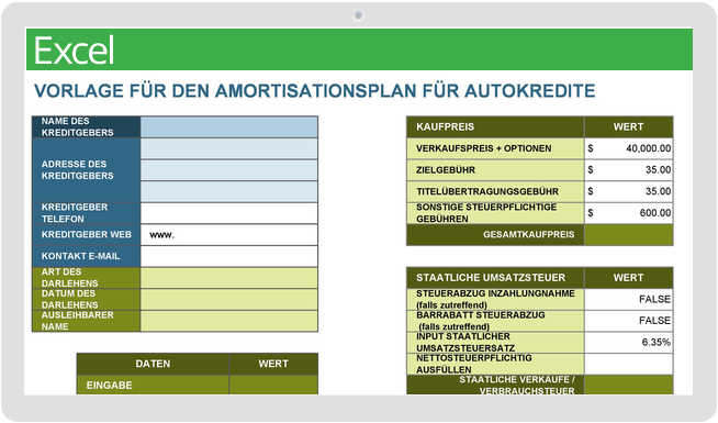 Planvorlage für den Amortisationsrechner für Autokredite