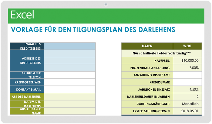  Vorlage für einen Tilgungsplan für Darlehen