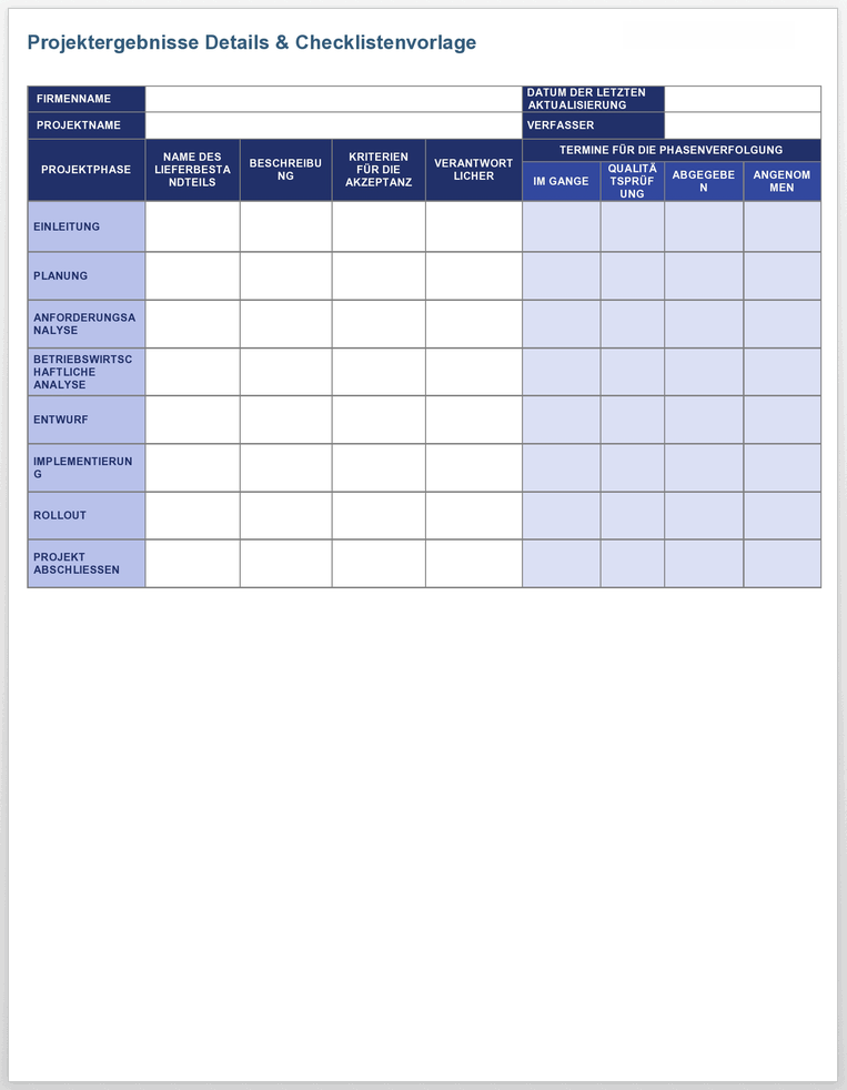 Checklistenvorlage für detaillierte Projektergebnisse