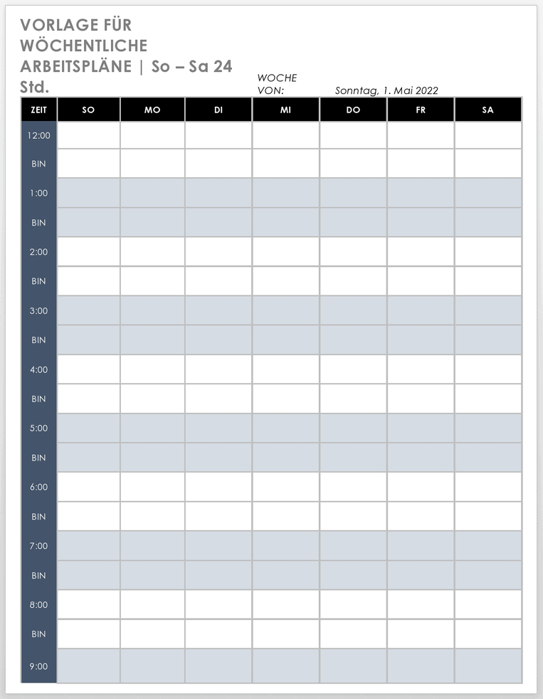  Vorlage für einen wöchentlichen 24-Stunden-Zeitplan von Sonntag bis Samstag