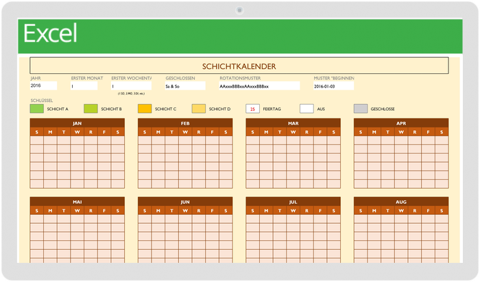 Kalendervorlage für Schichtarbeit